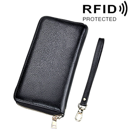 Genuine Cowhide Leather Litchi Texture Zipper Long Style Card Holder Wallet RFID Blocking Coin Purse Card Bag Protect Case with Hand Strap for Women, Size: 20*10.5*3cm(Black) - Antimagnetic RFID Package by PMC Jewellery | Online Shopping South Africa | PMC Jewellery | Buy Now Pay Later Mobicred