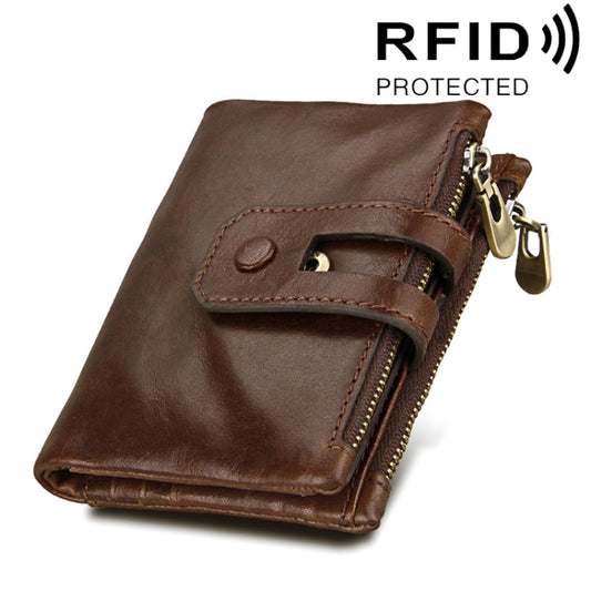 Genuine Cowhide Leather Crazy Horse Texture Zipper 3-folding Card Holder Wallet RFID Blocking Coin Purse Card Bag Protect Case for Men, Size: 12*9.5*3.5cm(Coffee) - Antimagnetic RFID Package by PMC Jewellery | Online Shopping South Africa | PMC Jewellery | Buy Now Pay Later Mobicred