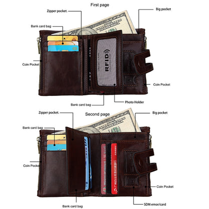 Genuine Cowhide Leather Crazy Horse Texture Zipper 3-folding Card Holder Wallet RFID Blocking Coin Purse Card Bag Protect Case for Men, Size: 12*9.5*3.5cm(Coffee) - Antimagnetic RFID Package by PMC Jewellery | Online Shopping South Africa | PMC Jewellery | Buy Now Pay Later Mobicred