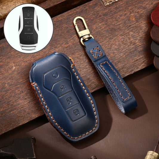 Hallmo Car Cowhide Leather Key Protective Cover Key Case for BYD(Blue) - Car Key Cases by Hallmo | Online Shopping South Africa | PMC Jewellery | Buy Now Pay Later Mobicred