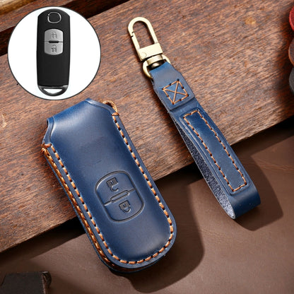 Hallmo Car Cowhide Leather Key Protective Cover Key Case for Mazda Axela 2-button(Blue) - Car Key Cases by Hallmo | Online Shopping South Africa | PMC Jewellery | Buy Now Pay Later Mobicred