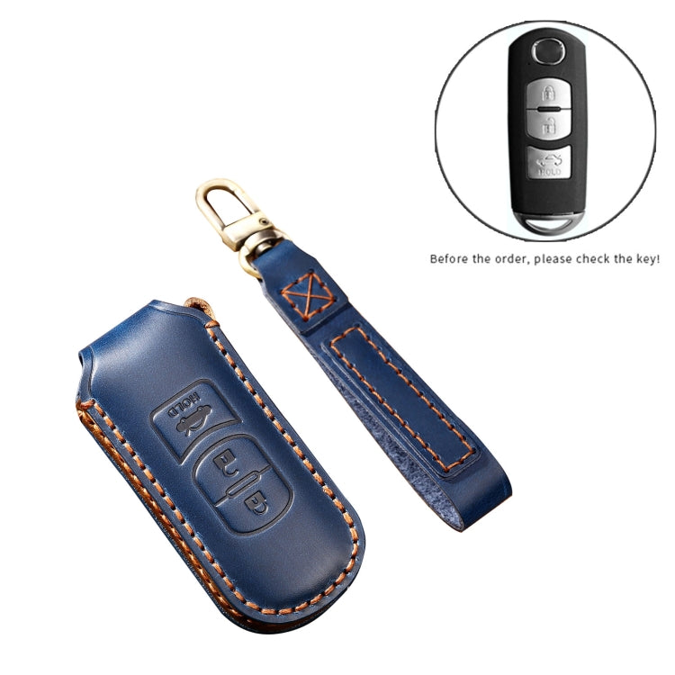 Hallmo Car Cowhide Leather Key Protective Cover Key Case for Mazda Axela 3-button(Blue) - Car Key Cases by Hallmo | Online Shopping South Africa | PMC Jewellery | Buy Now Pay Later Mobicred