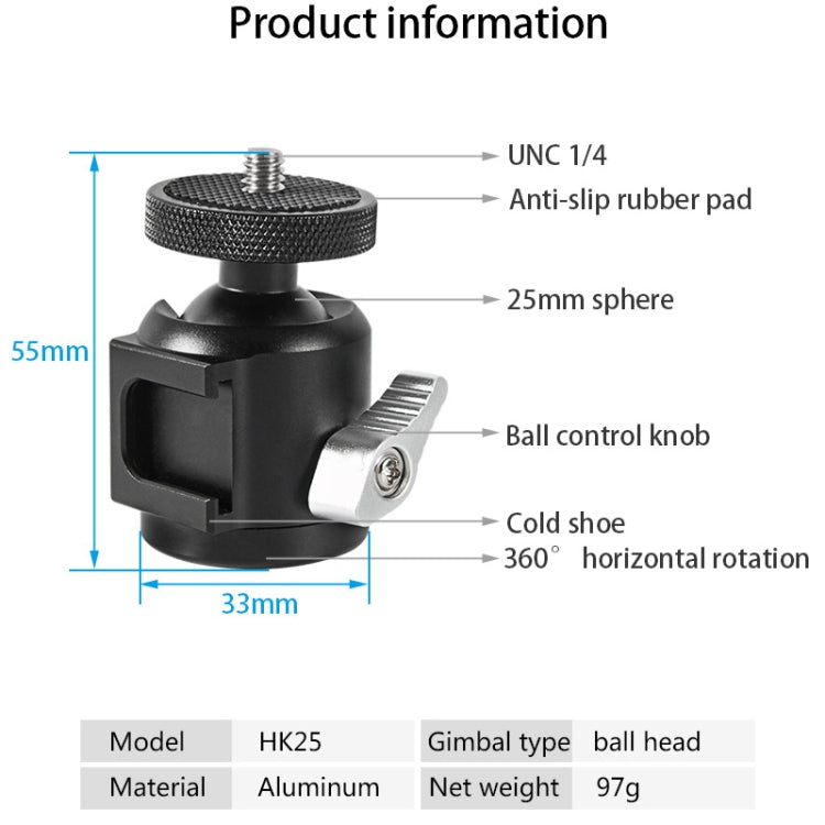 BEXIN HK25 Aluminum Alloy Cold Shoe Tripod Adapter Ball Head (Black) - Tripod Heads by BEXIN | Online Shopping South Africa | PMC TechLife | Buy Now Pay Later Mobicred