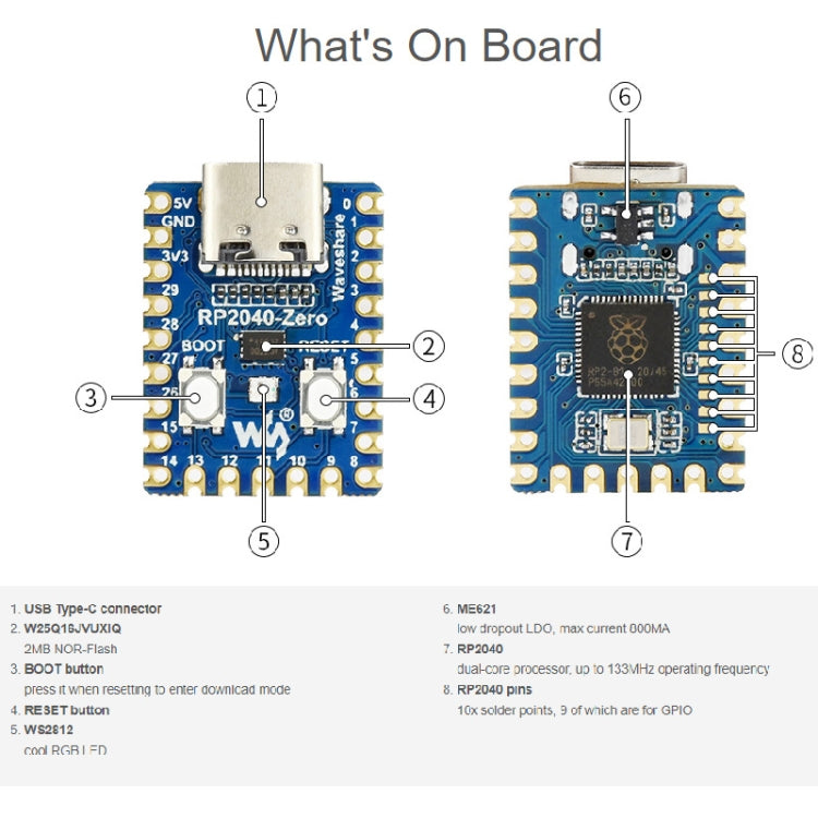 Waveshare RP2040-Zero Pico-like MCU Board Based on Raspberry Pi MCU RP2040, with Pinheader mini Version - free shipping - PMC TechLife - Order now!
