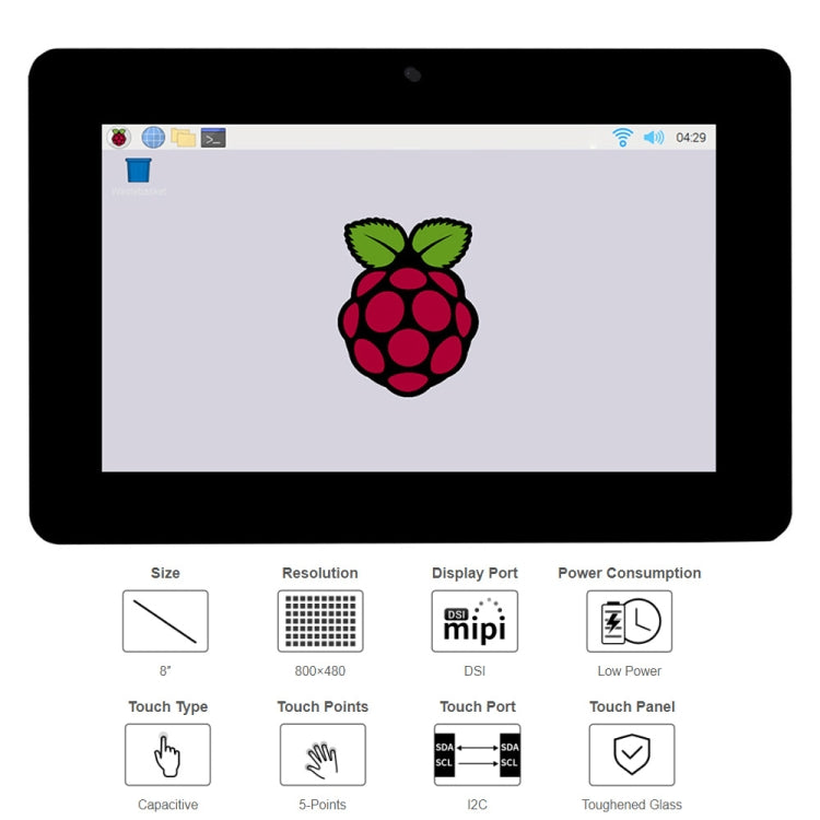 WAVESHARE 8 inch 800 x 480 Capacitive Touch Display for Raspberry Pi, DSI Interface - free shipping - PMC TechLife - Order now!