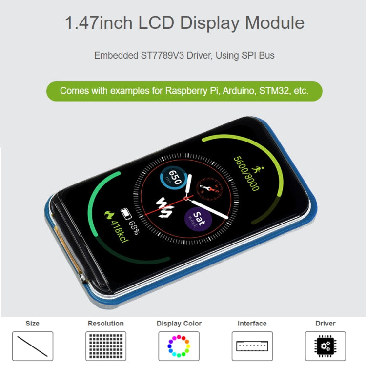 WAVESHARE 1.47 inch LCD Display Module, Rounded Corners, 172 x 320 Resolution, SPI Interface - Modules Expansions Accessories by VONETS | Online Shopping South Africa | PMC Jewellery | Buy Now Pay Later Mobicred