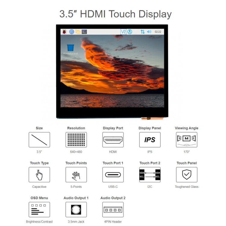 Waveshare 3.5 inch HDMI Capacitive Touch IPS LCD Display (E), 640 x 480, Audio Jack - Modules Expansions Accessories by WAVESHARE | Online Shopping South Africa | PMC Jewellery