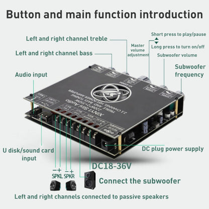 TPA7498e Power Amplifier Board Bluetooth Module Stereo 2.1 Audio Treble and Bass Control Subwoofer - Breadboard / Amplifier Board by PMC Jewellery | Online Shopping South Africa | PMC Jewellery | Buy Now Pay Later Mobicred