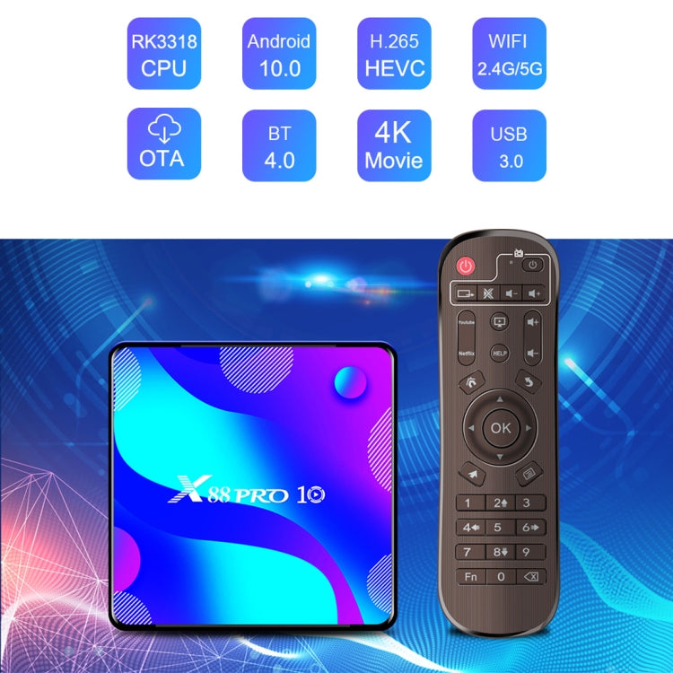 X88 Pro 10 4K Ultra HD Android TV Box with Remote Controller, Android 10.0, RK3318 Quad-Core 64bit Cortex-A53, 2GB+16GB, Support Bluetooth / Dual-Band WiFi / TF Card / USB / AV / Ethernet(UK Plug) - RK3318 by PMC Jewellery | Online Shopping South Africa | PMC Jewellery | Buy Now Pay Later Mobicred