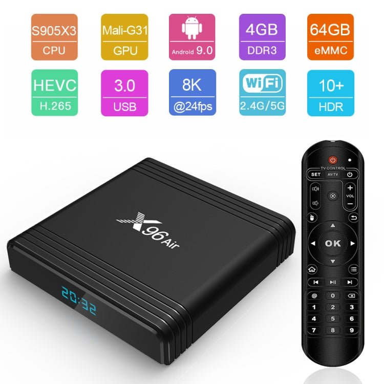 X96 Air 8K Smart TV BOX Android 9.0 Media Player with Remote Control, Quad-core Amlogic S905X3, RAM: 4GB, ROM: 32GB, Dual Band WiFi, Bluetooth, UK Plug - Amlogic S905 by PMC Jewellery | Online Shopping South Africa | PMC Jewellery | Buy Now Pay Later Mobicred