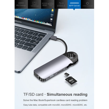 HW-TC28 10 In 1 USB 3.0 x3 + HDMI + VGA + SD + TF + PD + Ethernet Port + 3.5mm Port Multi-function Type-C / USB-C HUB Docking Station(Grey) - USB HUB by PMC Jewellery | Online Shopping South Africa | PMC Jewellery | Buy Now Pay Later Mobicred