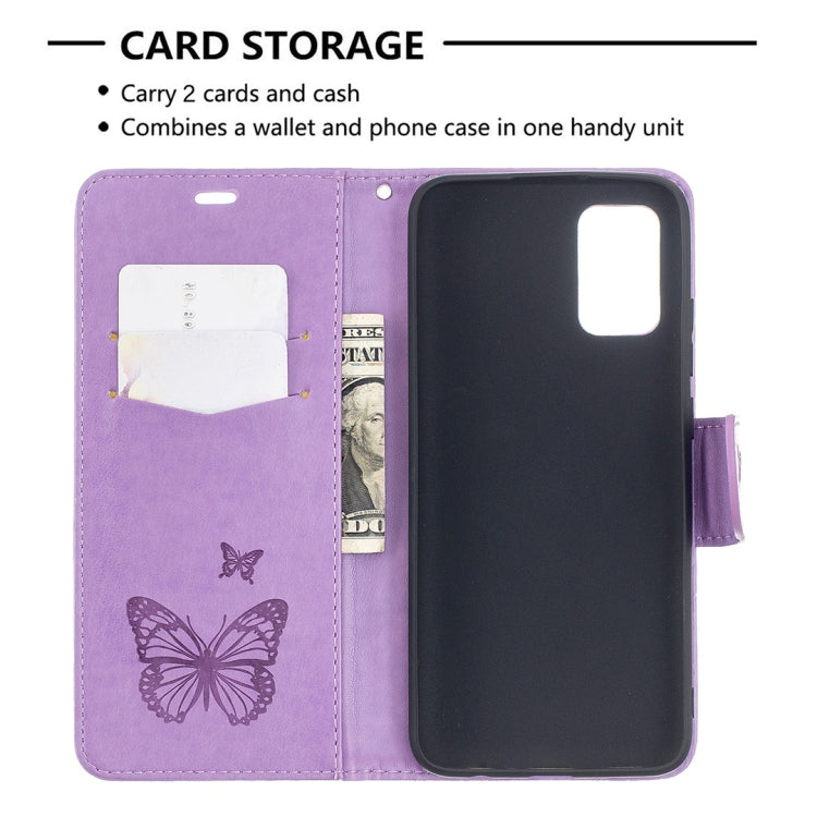 For Samsung Galaxy A02s (EU Version) Embossing Two Butterflies Pattern Horizontal Flip PU Leather Case with Holder & Card Slot & Wallet & Lanyard(Purple) - Galaxy Phone Cases by PMC Jewellery | Online Shopping South Africa | PMC Jewellery