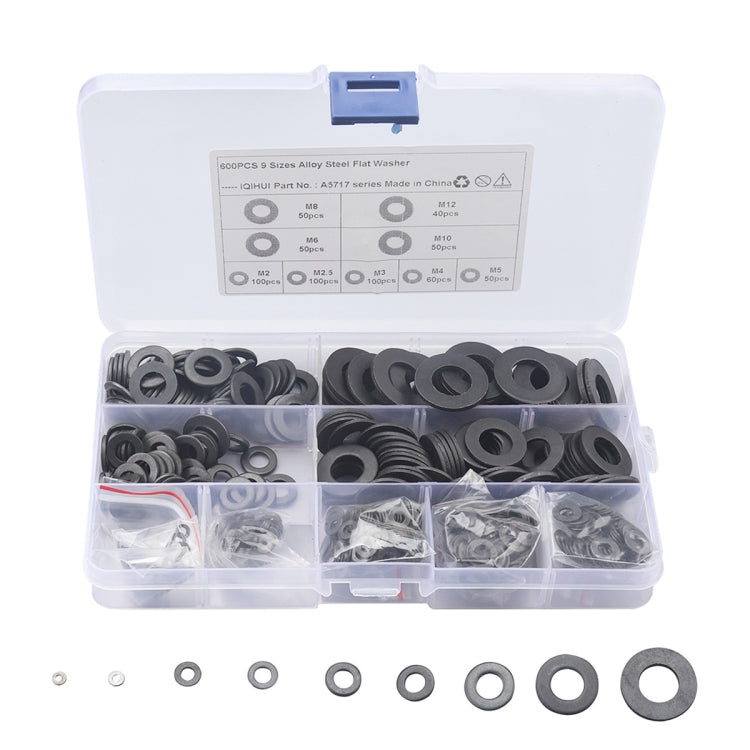 A5717 600 PCS 9 Sizes Black Carbon Steel Flat Washers Set - Booster Cable & Clip by PMC Jewellery | Online Shopping South Africa | PMC Jewellery | Buy Now Pay Later Mobicred