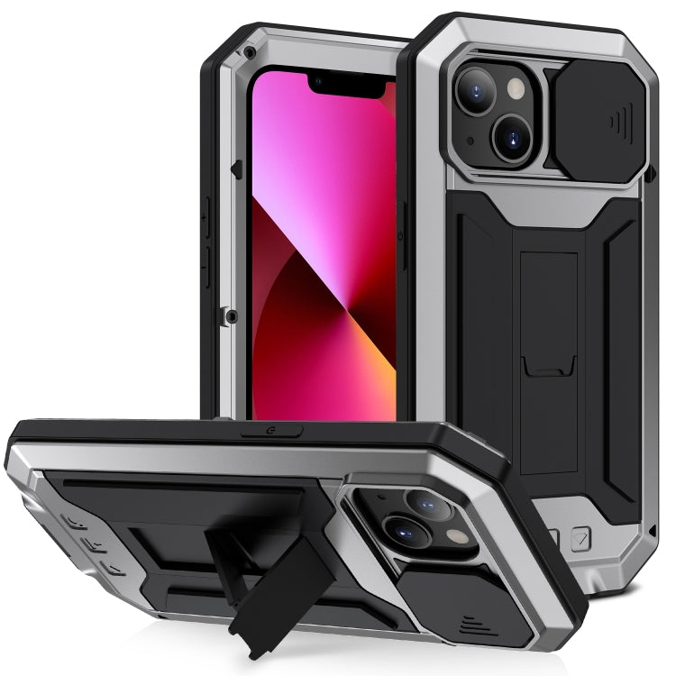 For iPhone 13 R-JUST Sliding Camera Shockproof Life Waterproof Dust-proof Metal + Silicone Protective Case with Holder(Silver) - iPhone 13 Cases by R-JUST | Online Shopping South Africa | PMC TechLife | Buy Now Pay Later Mobicred