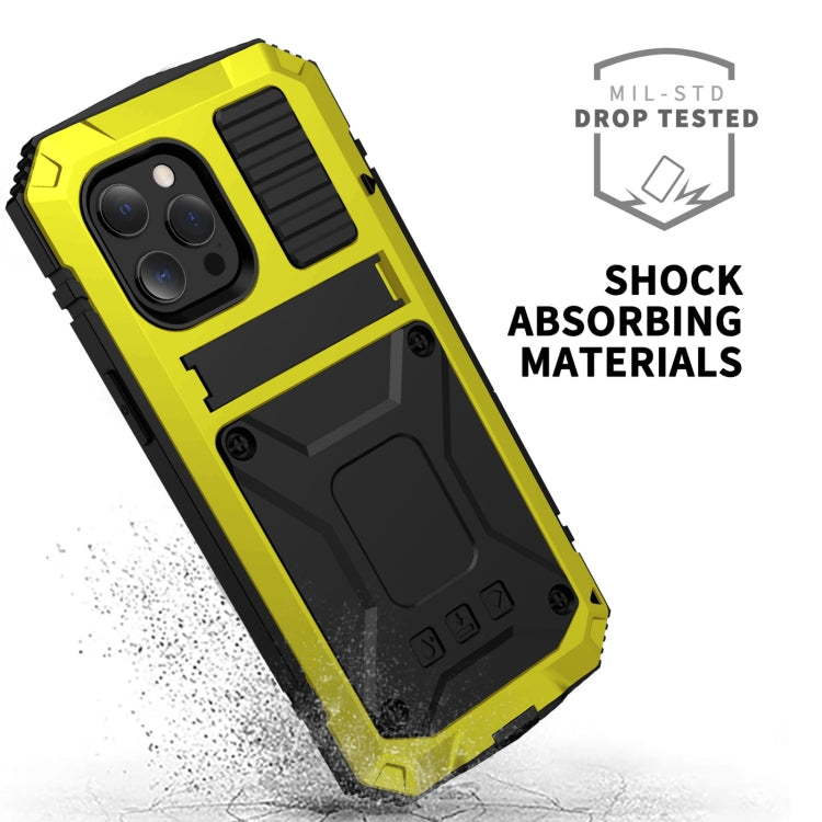 For iPhone 13 R-JUST Shockproof Waterproof Dust-proof Metal + Silicone Protective Case with Holder(Yellow) - iPhone 13 Cases by R-JUST | Online Shopping South Africa | PMC TechLife