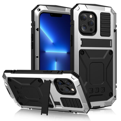 For iPhone 13 Pro R-JUST Shockproof Waterproof Dust-proof Metal + Silicone Protective Case with Holder (Silver) - iPhone 13 Pro Cases by R-JUST | Online Shopping South Africa | PMC Jewellery