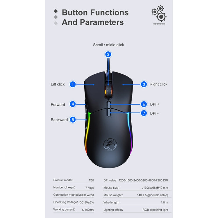 iMICE T60 7-key Custom Colorful Luminous Wired Honeycomb Gaming Mouse, Cable Length: 1.8m(Black) - Wired Mice by iMICE | Online Shopping South Africa | PMC Jewellery | Buy Now Pay Later Mobicred