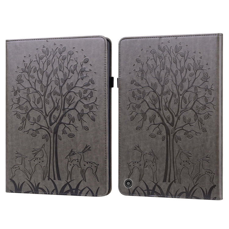 For Amazon Kindle Fire HD 10 / 10 Plus 2021 Tree & Deer Pattern Pressed Printing Horizontal Flip PU Leather Case with Holder & Card Slots(Grey) - Amazon by PMC TechLife | Online Shopping South Africa | PMC TechLife | Buy Now Pay Later Mobicred