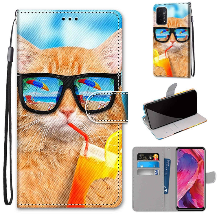 For OPPO A54 5G / A74 5G / A93 5G / A93s 5G Coloured Drawing Cross Texture Horizontal Flip PU Leather Case with Holder & Card Slots & Wallet & Lanyard(Cat Drinking Soda) - OPPO Cases by PMC TechLife | Online Shopping South Africa | PMC TechLife | Buy Now Pay Later Mobicred
