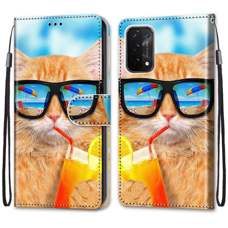 For OPPO A54 5G / A74 5G / A93 5G / A93s 5G Coloured Drawing Cross Texture Horizontal Flip PU Leather Case with Holder & Card Slots & Wallet & Lanyard(Cat Drinking Soda) - OPPO Cases by PMC TechLife | Online Shopping South Africa | PMC TechLife | Buy Now Pay Later Mobicred
