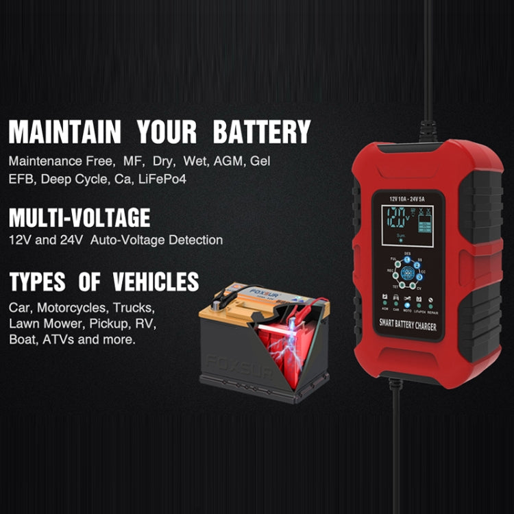 FOXSUR 10A 12V 7-segment Motorcycle / Car Smart Battery Charger, Plug Type:EU Plug(Red) - Battery Charger by FOXSUR | Online Shopping South Africa | PMC Jewellery | Buy Now Pay Later Mobicred