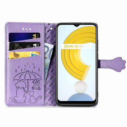 For OPPO Realme C21Y Cat and Dog Embossed Horizontal Flip Phone Leather Case with Holder & Card Slot & Wallet & Lanyard(Purple) - Realme Cases by PMC Jewellery | Online Shopping South Africa | PMC Jewellery | Buy Now Pay Later Mobicred