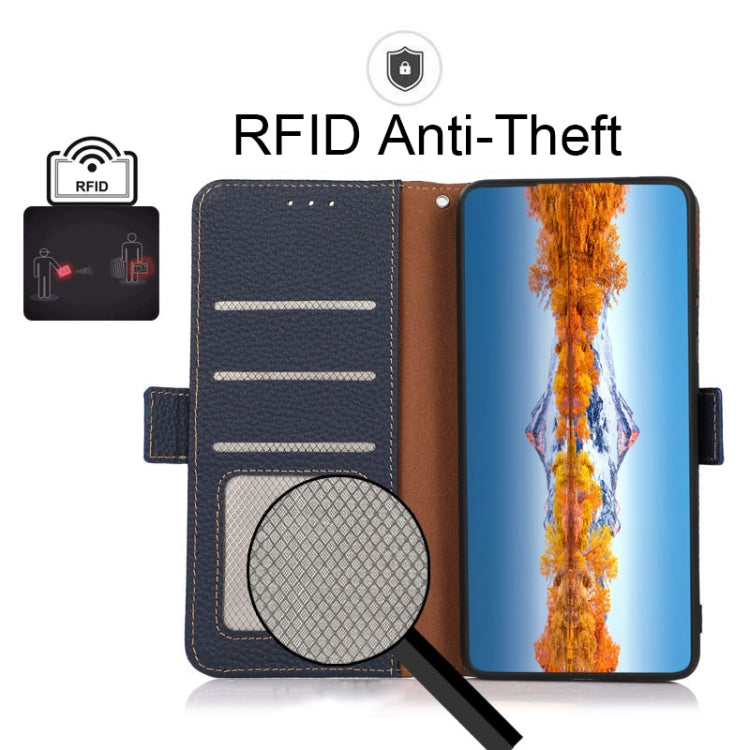 For OnePlus 9RT 5G KHAZNEH Side-Magnetic Litchi Genuine Leather RFID Phone Case(Blue) - OnePlus Cases by PMC TechLife | Online Shopping South Africa | PMC TechLife | Buy Now Pay Later Mobicred