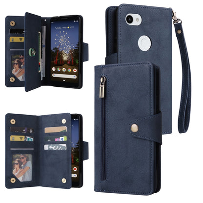 For Google Pixel 3A XL Rivet Buckle 9 Cards Three Fold Leather Phone Case(Blue) - Google Cases by PMC Jewellery | Online Shopping South Africa | PMC Jewellery | Buy Now Pay Later Mobicred