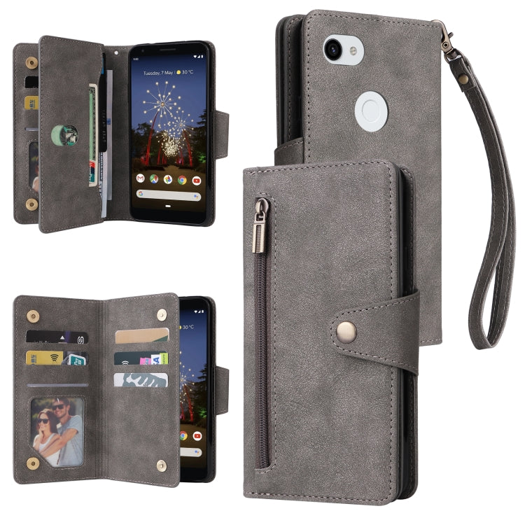 For Google Pixel 3A XL Rivet Buckle 9 Cards Three Fold Leather Phone Case(Grey) - Google Cases by PMC Jewellery | Online Shopping South Africa | PMC Jewellery | Buy Now Pay Later Mobicred