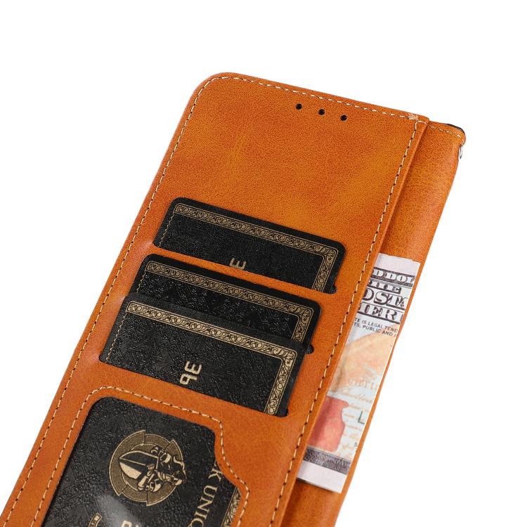 For iPhone 15 KHAZNEH Dual-color Cowhide Texture Flip Leather Phone Case(Brown) - iPhone 16e Cases by PMC TechLife | Online Shopping South Africa | PMC TechLife | Buy Now Pay Later Mobicred