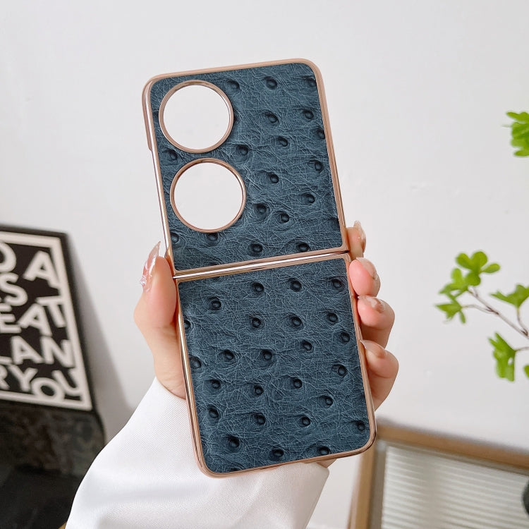 For Huawei P50 Pocket Genuine Leather Ostrich Texture Nano Plating Phone Case(Blue) - Huawei Cases by PMC TechLife | Online Shopping South Africa | PMC TechLife | Buy Now Pay Later Mobicred