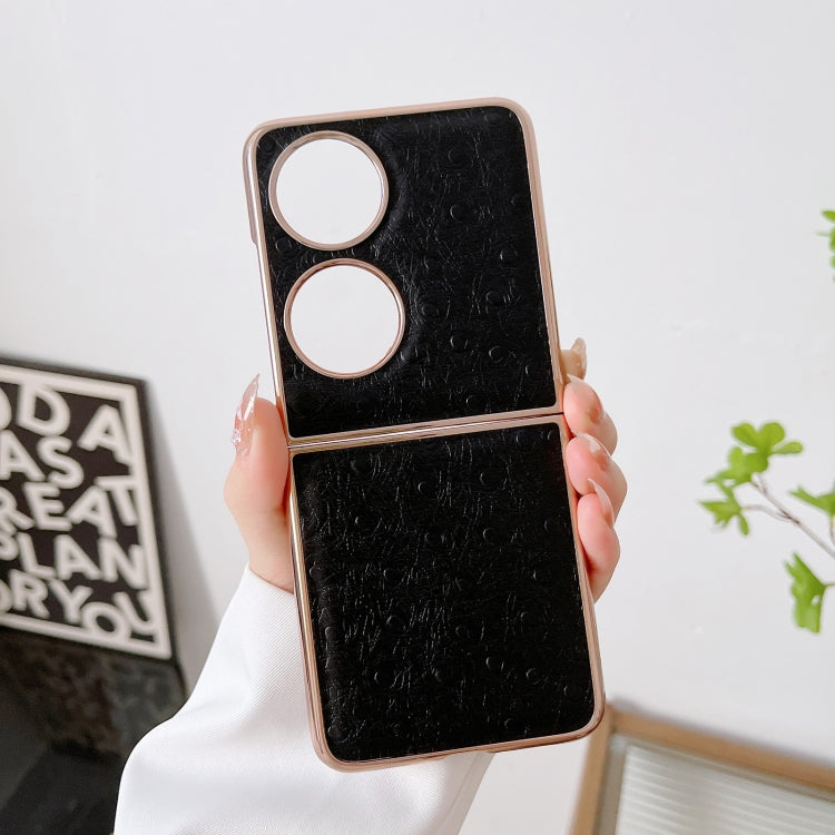 For Huawei P50 Pocket Genuine Leather Ostrich Texture Nano Plating Phone Case(Black) - Huawei Cases by PMC TechLife | Online Shopping South Africa | PMC TechLife | Buy Now Pay Later Mobicred