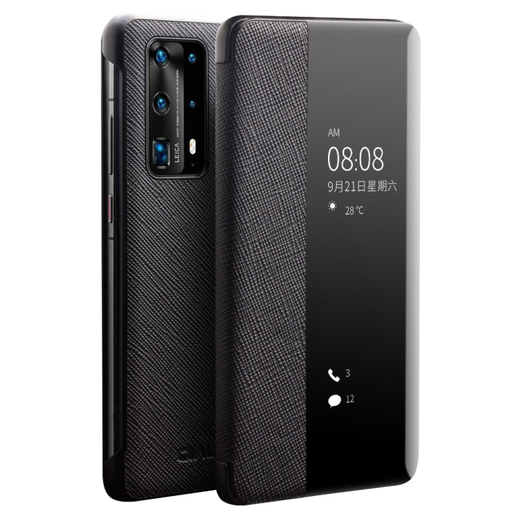 For Huawei P40 Pro QIALINO Puda Texture Side Window View Leather Phone Case(Black) - free shipping - PMC TechLife - Order now!