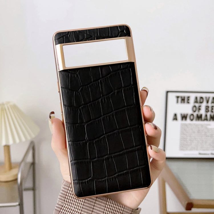 For Google Pixel 7 Crocodile Texture Genuine Leather Electroplating Phone Case(Black) - Google Cases by PMC TechLife | Online Shopping South Africa | PMC TechLife | Buy Now Pay Later Mobicred