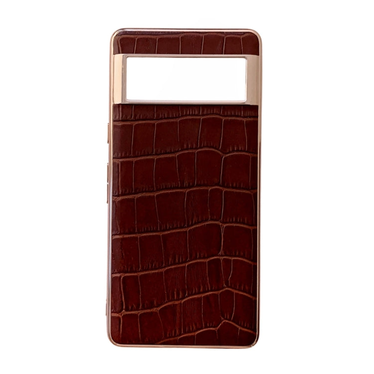 For Google Pixel 6 Crocodile Texture Genuine Leather Electroplating Phone Case(Brown) - Google Cases by PMC TechLife | Online Shopping South Africa | PMC TechLife | Buy Now Pay Later Mobicred