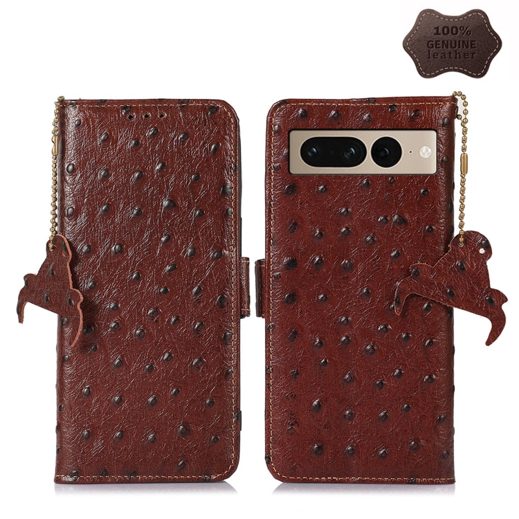 For Google Pixel 7 Ostrich Pattern Genuine Leather RFID Phone Case(Coffee) - Google Cases by PMC TechLife | Online Shopping South Africa | PMC TechLife | Buy Now Pay Later Mobicred