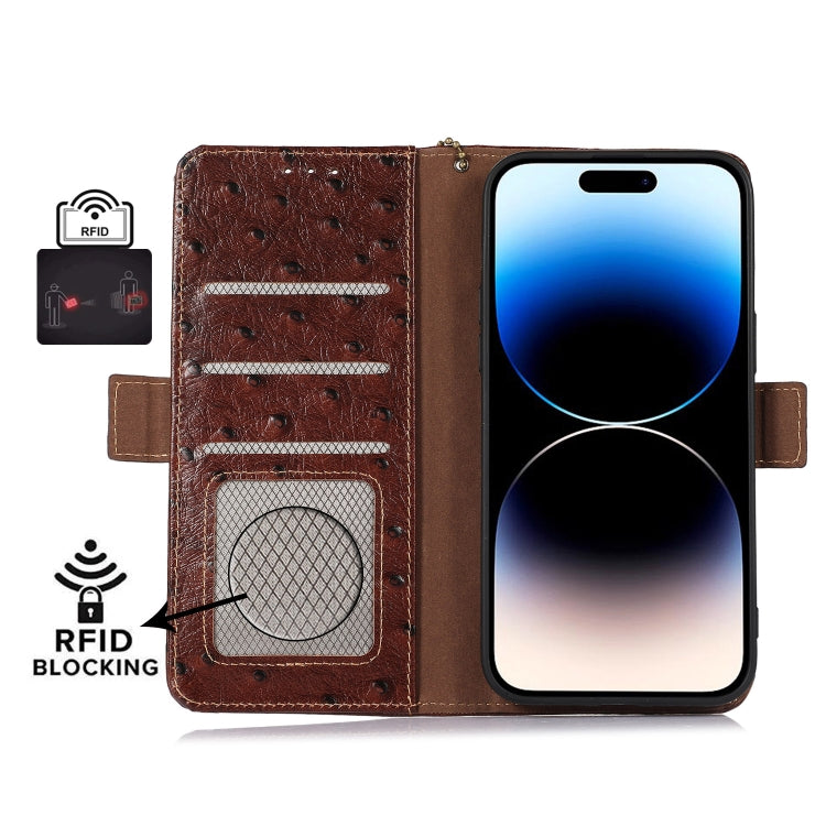 For Google Pixel 7 Ostrich Pattern Genuine Leather RFID Phone Case(Coffee) - Google Cases by PMC TechLife | Online Shopping South Africa | PMC TechLife | Buy Now Pay Later Mobicred