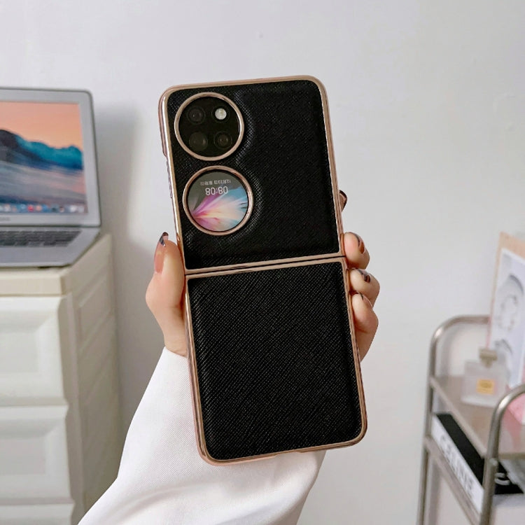 For Huawei P50 Pocket Nano Electroplating Cross Texture Genuine Leather Phone Case(Black) - Huawei Cases by PMC TechLife | Online Shopping South Africa | PMC TechLife | Buy Now Pay Later Mobicred