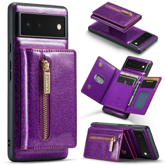 For Google Pixel 6a DG.MING M3 Series Glitter Powder Card Bag Leather Case(Dark Purple) - Google Cases by DG.MING | Online Shopping South Africa | PMC Jewellery | Buy Now Pay Later Mobicred