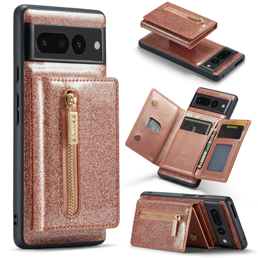 For Google Pixel 7 Pro DG.MING M3 Series Glitter Powder Card Bag Leather Case(Rose Gold) - Google Cases by DG.MING | Online Shopping South Africa | PMC Jewellery | Buy Now Pay Later Mobicred