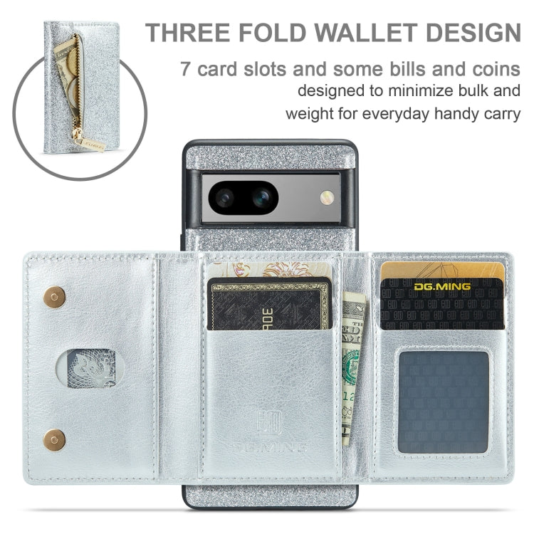 For Google Pixel 7A DG.MING M3 Series Glitter Powder Card Bag Leather Case(Silver) - free shipping - PMC TechLife - Order now!