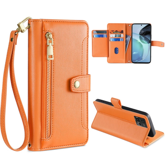 For Motorola Moto G72 4G Sheep Texture Cross-body Zipper Wallet Leather Phone Case(Orange) - Motorola Cases by PMC Jewellery | Online Shopping South Africa | PMC Jewellery | Buy Now Pay Later Mobicred