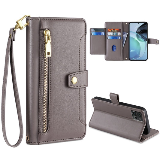 For Motorola Moto G72 4G Sheep Texture Cross-body Zipper Wallet Leather Phone Case(Grey) - Motorola Cases by PMC Jewellery | Online Shopping South Africa | PMC Jewellery | Buy Now Pay Later Mobicred