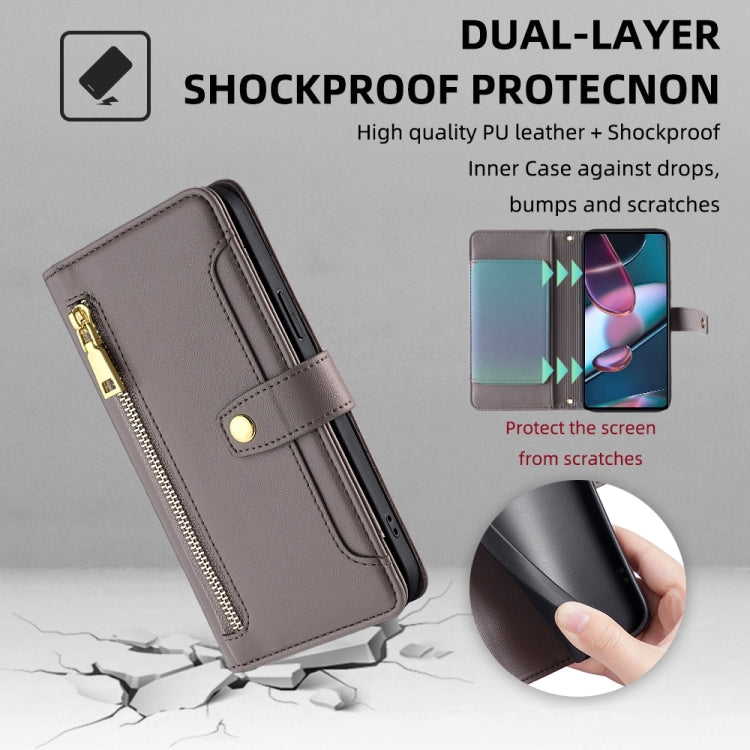For Motorola Edge X30 Sheep Texture Cross-body Zipper Wallet Leather Phone Case(Grey) - Motorola Cases by PMC TechLife | Online Shopping South Africa | PMC TechLife | Buy Now Pay Later Mobicred
