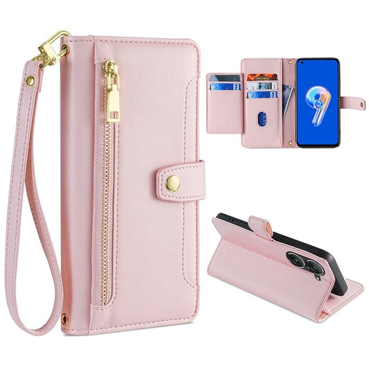 For ASUS Zenfone 9 / Zenfone 9Z Sheep Texture Cross-body Zipper Wallet Leather Phone Case(Pink) - ASUS Cases by PMC Jewellery | Online Shopping South Africa | PMC Jewellery | Buy Now Pay Later Mobicred