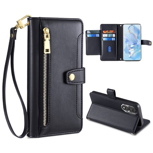 For Honor 80 Sheep Texture Cross-body Zipper Wallet Leather Phone Case(Black) - Honor Cases by PMC Jewellery | Online Shopping South Africa | PMC Jewellery | Buy Now Pay Later Mobicred