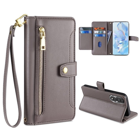 For Honor 80 Sheep Texture Cross-body Zipper Wallet Leather Phone Case(Grey) - Honor Cases by PMC Jewellery | Online Shopping South Africa | PMC Jewellery | Buy Now Pay Later Mobicred