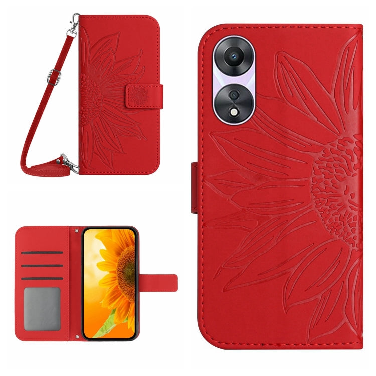 For OPPO A58 5G/A78 5G HT04 Skin Feel Sun Flower Embossed Flip Leather Phone Case with Lanyard(Red) - OPPO Cases by PMC Jewellery | Online Shopping South Africa | PMC Jewellery | Buy Now Pay Later Mobicred