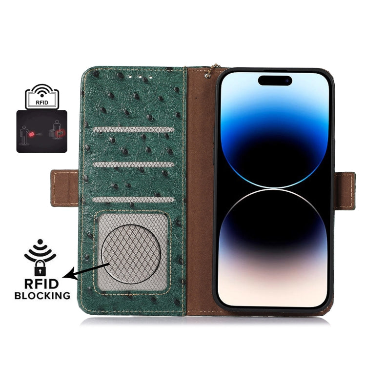 For Motorola Moto E13 4G 2023 Ostrich Pattern Genuine Leather RFID Phone Case(Green) - Motorola Cases by PMC TechLife | Online Shopping South Africa | PMC TechLife | Buy Now Pay Later Mobicred