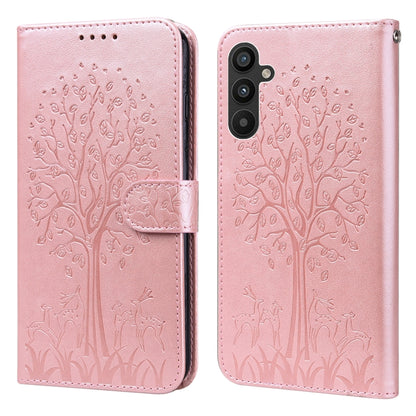 For Samsung Galaxy A34 5G Tree & Deer Pattern Pressed Printing Horizontal Flip Leather Phone Case(Pink) - Galaxy Phone Cases by PMC Jewellery | Online Shopping South Africa | PMC Jewellery